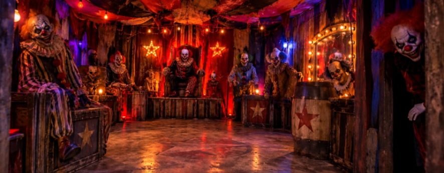 Evil clown room filled with circus props and sinister clowns