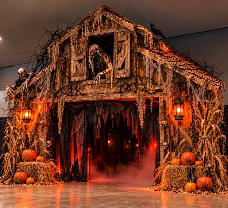 Haunted barn entrance with glowing-eyed skeletons, pumpkins, lanterns, and fog